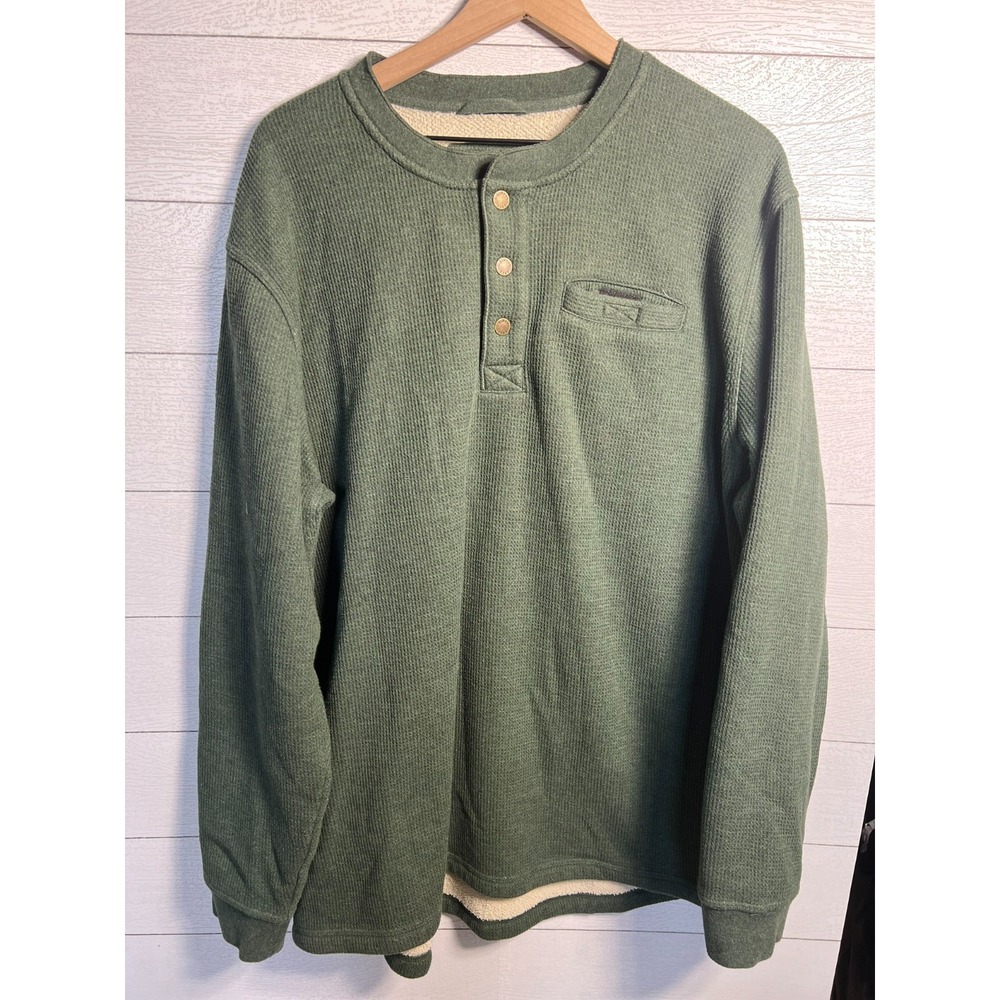 LL Bean Mens Size XXL Tall Fleece Lined Waffle Knit Henley Sweater Olive Green
